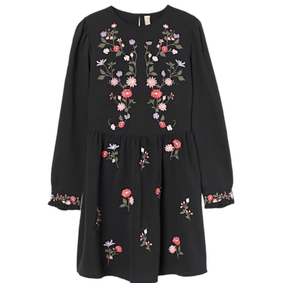 H&M Dresses & Skirts - NEW Embroidered H&M Divided Mini Dress, Med, Floral Loose Shift, Black Midi